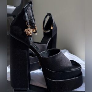 Versace Black Platform Block Heel Sandals with Gold Medusa Charm